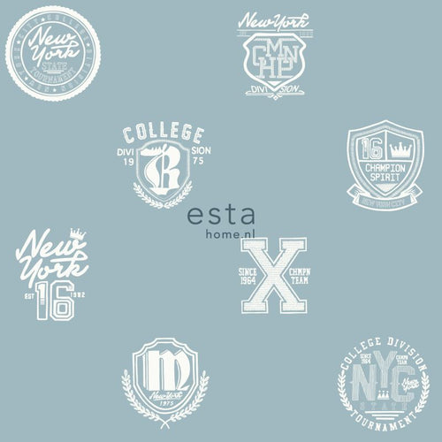 ESTAhome behang school emblemen licht vintage blauw - 53 cm x 10.05 m - 128803