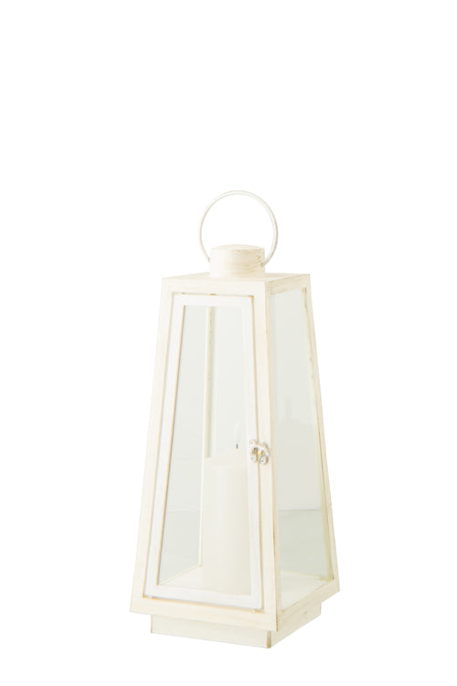 J-Line lantaarn + kaars - glas - wit - medium - LED lichtjes