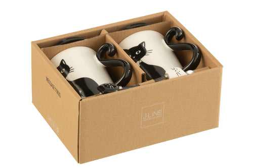 J-Line mok + deksel + lepel Print Kat - porselein - wit/zwart - 2 stuks - giftbox