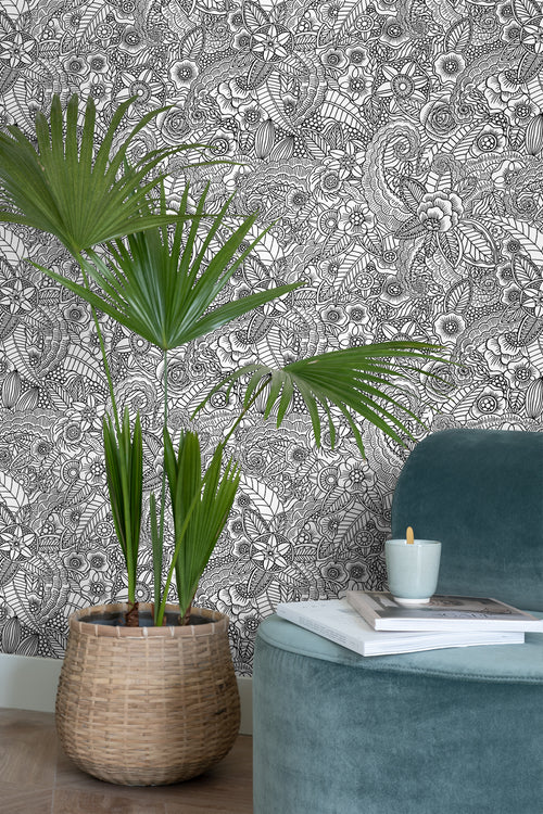 ESTAhome behang bloemtekeningen zwart en wit - 53 cm x 10,05 m - 148616