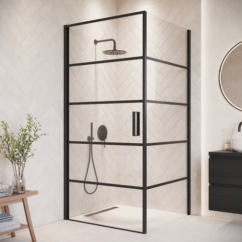 Badplaats Douchecabine Alava 80 x 80 x 190 cm – Zwart met Lijnen – Douchewand met Draaideur