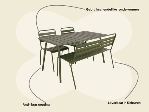 MaximaVida metalen tuinset Max olijfgroen 150 cm – 1 tafel met 2 stoelen en 1 bank