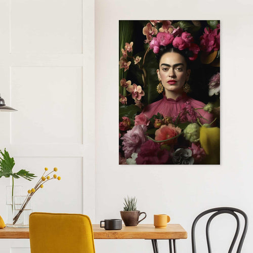 Artfulprints Poster met Lijst Frida Kahlo - Floral portrait   - 50x70 cm - Roze