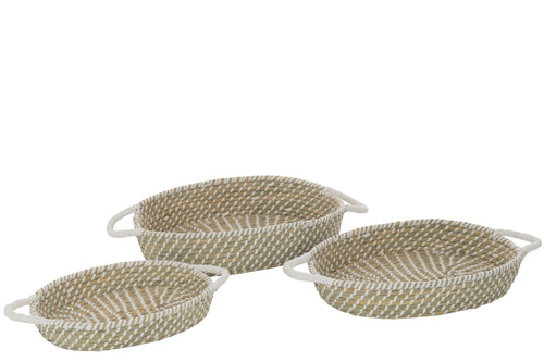 J-Line mand Ovaal Handvatten - jute - naturel/wit - 3 stuks