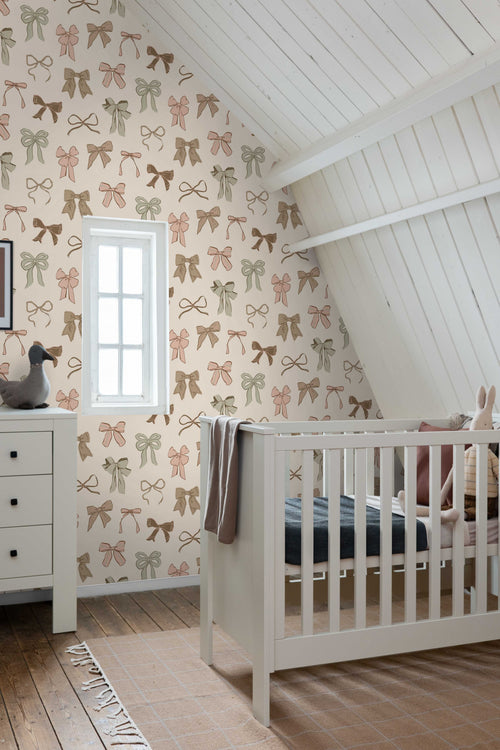 ESTAhome behang strikjes groen, roze en bruin - 50 x 900 cm - 131469