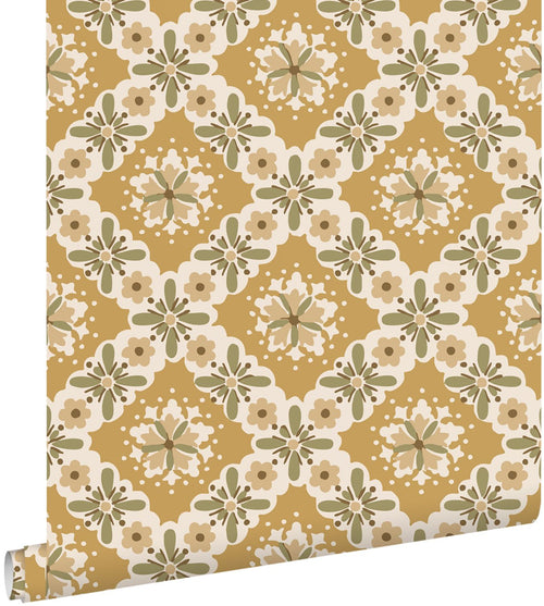 ESTAhome behang vintage bloemen okergeel en groen - 50 x 900 cm - 131503
