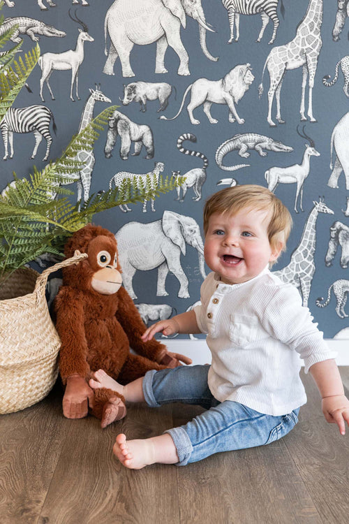 ESTAhome behang jungle dieren vergrijsd blauw en grijs - 53 cm x 10.05 m - 139272