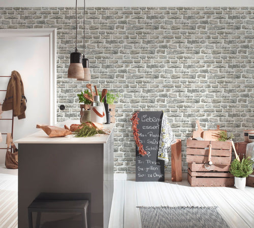 A.S. Création behang stenen muur lichtgrijs en beige - 53 cm x 10.05 m - AS-361402