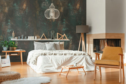 Livingwalls fotobehang stenen muur zwart, goud en turquoise - 212 x 280 cm - AS-392321