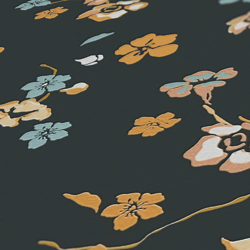 Livingwalls behang bloemmotief zwart, geel, oranje, blauw en wit - 53 cm x 10.05 m - AS-389071 - vtwonen shop