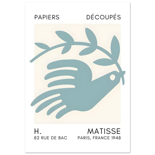 Artfulprints Poster met Lijst Matisse – Peace dove turquoise   - A4 21x29.7 cm - Turquoise