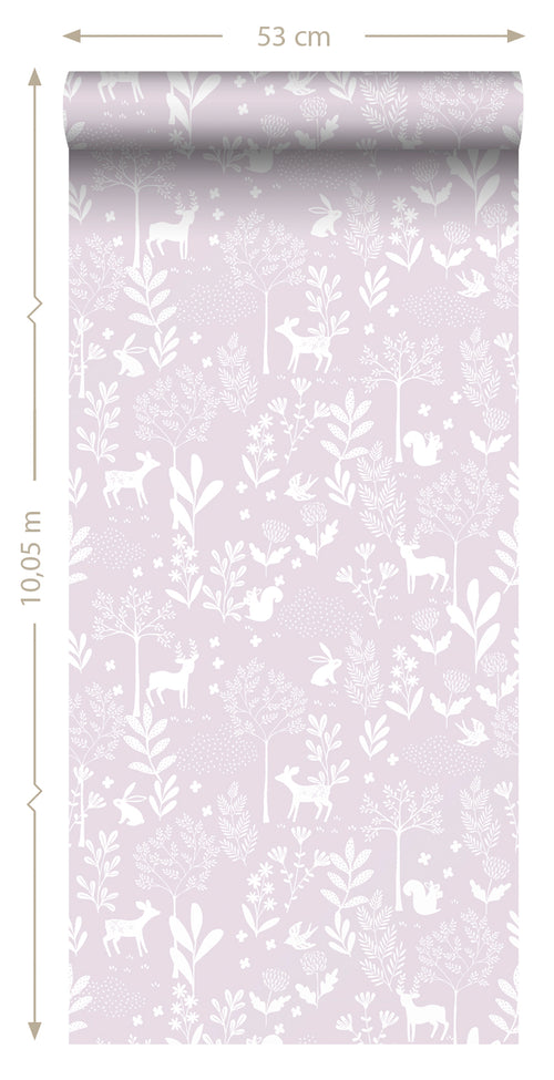ESTAhome behang bos met bosdieren lila paars - 50 x 900 cm - 139523