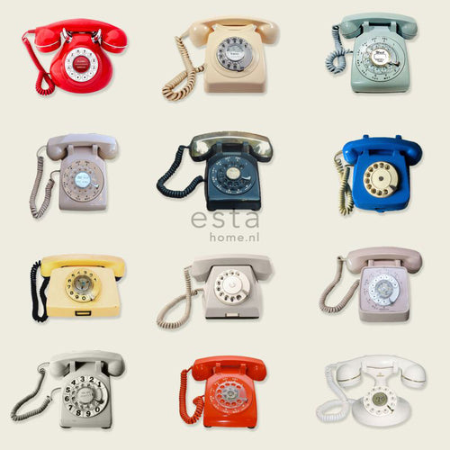 ESTAhome XXL behang retro telefoons beige, grijs, rood en blauw - 50 x 900 cm - 158503
