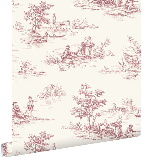 ESTAhome behang toile de jouy print bordeaux rood en wit - 50 x 900 cm - 132111