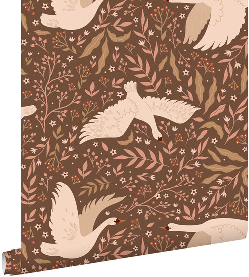 ESTAhome behang zwanen bruin en groen - 50 x 900 cm - 131859