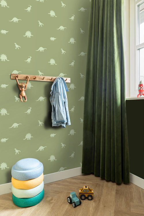 ESTAhome behang dinosaurussen vergrijsd groen - 50 x 900 cm - 131804
