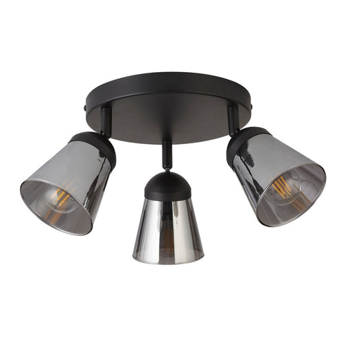 Mega Ronde spot met 3 lichtpunten, zwart metaal met rookglas