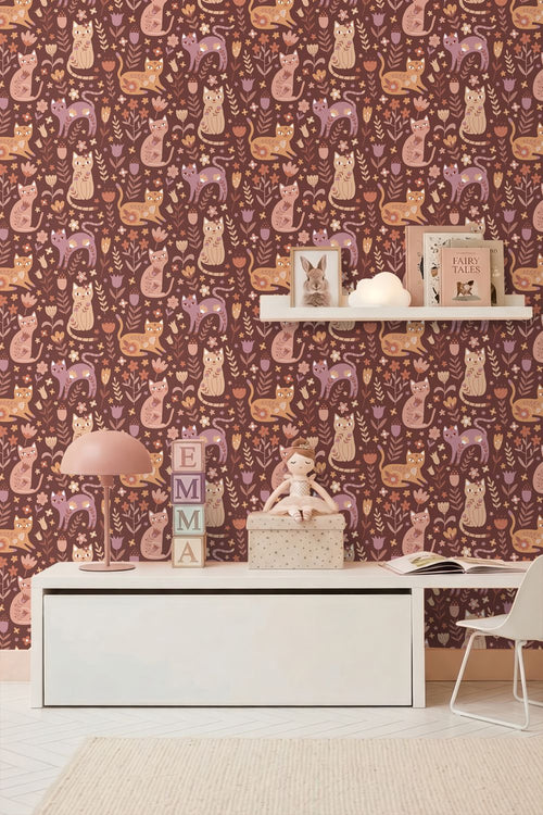 ESTAhome behang katjes donker paars en donker rood - 50 x 900 cm - 132182