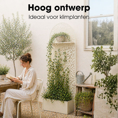 Mica Decorations Sapri Plantensteun - Plantenbak met Klimrek voor Klimplanten - Plantenstandaard Vrijstaand of tegen Muur - 90 x 33 x 180 cm - Off