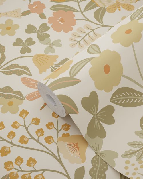 ESTAhome behang bloemen en vogels oranje en vergrijsd groen - 53 cm x 10.05 m - 131393