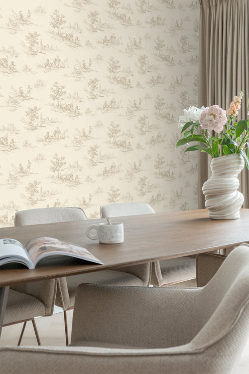 ESTAhome behang toile de jouy print lichtbeige - 50 x 900 cm - 139811 - vtwonen shop