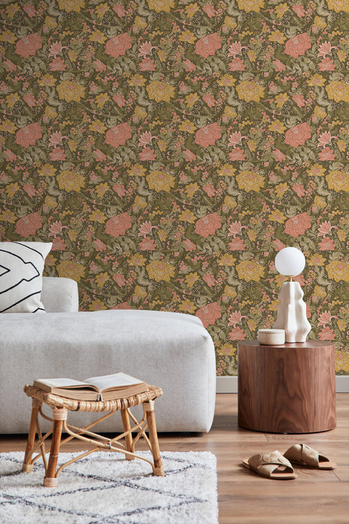 ESTAhome behang vintage bloemen vergrijsd olijfgroen, roze en okergeel - 50 x 900 cm - 131197