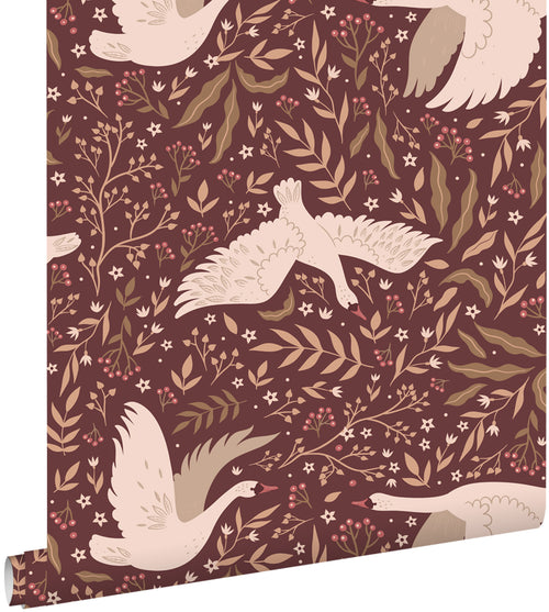 ESTAhome behang zwanen bordeaux rood - 50 x 900 cm - 131860