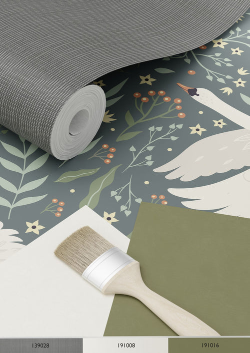 ESTAhome behang zwanen vergrijsd blauw en wit - 53 cm x 10.05 m - 139798