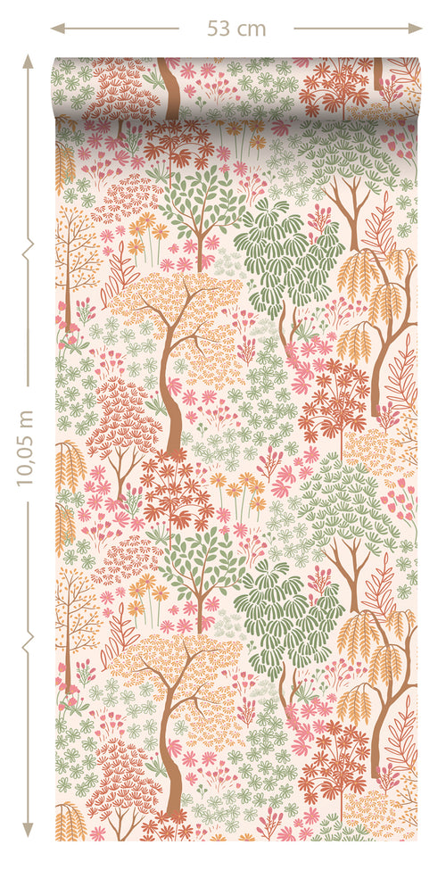 ESTAhome behang bomen en bloemen terracotta, roze en groen - 50 x 900 cm - 131185 - vtwonen shop