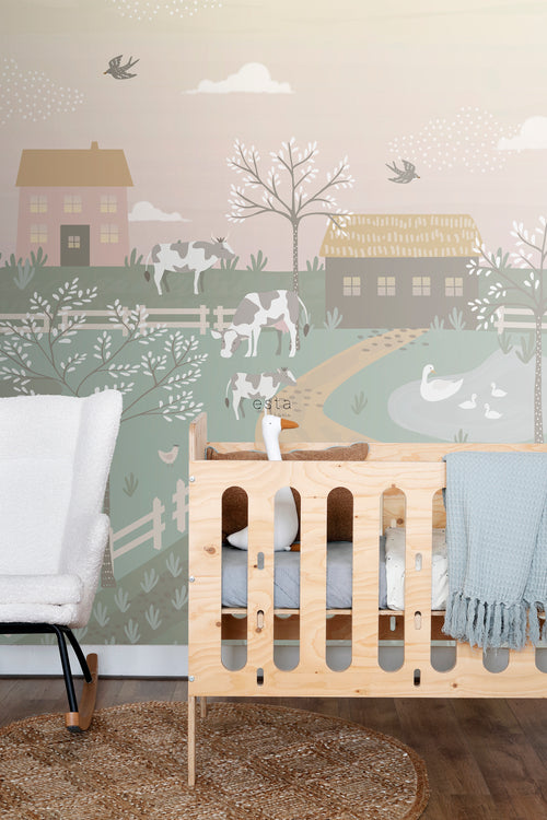 ESTAhome fotobehang boerderij dieren groen en roze - 250 x 279 cm - 159241 - vtwonen shop