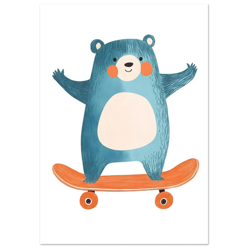 Artfulprints Poster Skatende beer   - A4 21x29.7 cm - Blauw