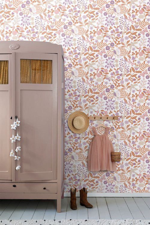 ESTAhome behang bloemen en vogels lila paars en terracotta - 53 cm x 10.05 m - 131392