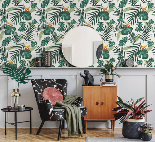 Walls4You behang apen en jungle bladeren groen en beige - 53 cm x 10 m - 640346