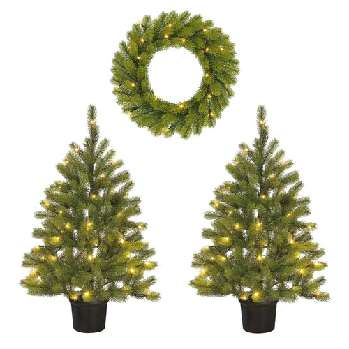 Black Box Trees Nagoya Kerstboom en Kerstkrans Set - 2 Kunstkerstbomen en 1 Krans met LED Verlichting - H90 x Ø45 cm - Groen