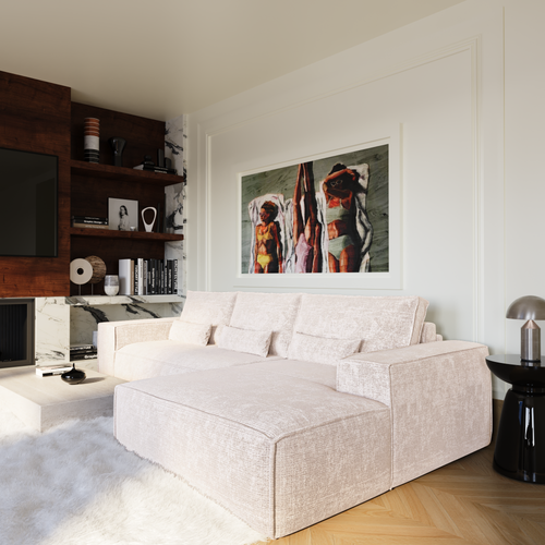 Premium Interiors - Rechthoekige hoekbank met snelle slaapfunctie JUNE - gewaafd fluweel crème 320cm