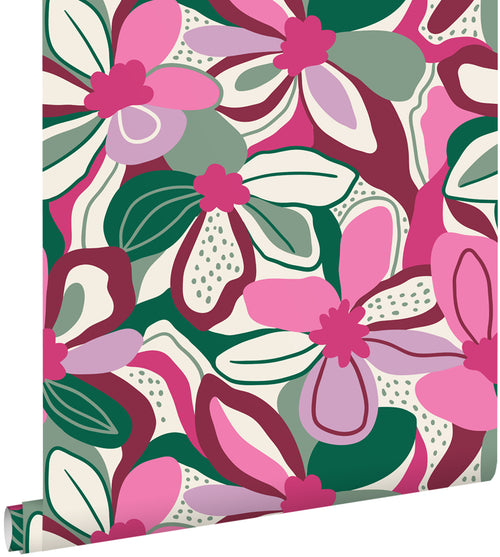 ESTAhome behang bloemmotief fuchsia roze, groen en wit - 50 x 900 cm - 131131