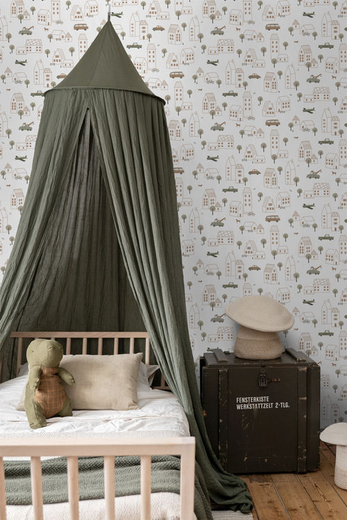 ESTAhome behang voertuigen wit, bruin en groen - 50 x 900 cm - 131826