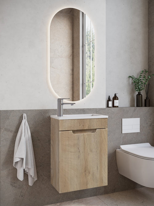 Badplaats Toiletmeubel Thermis 40 x 22 cm – Licht Eiken – Fonteinmeubel met Witte Wastafel