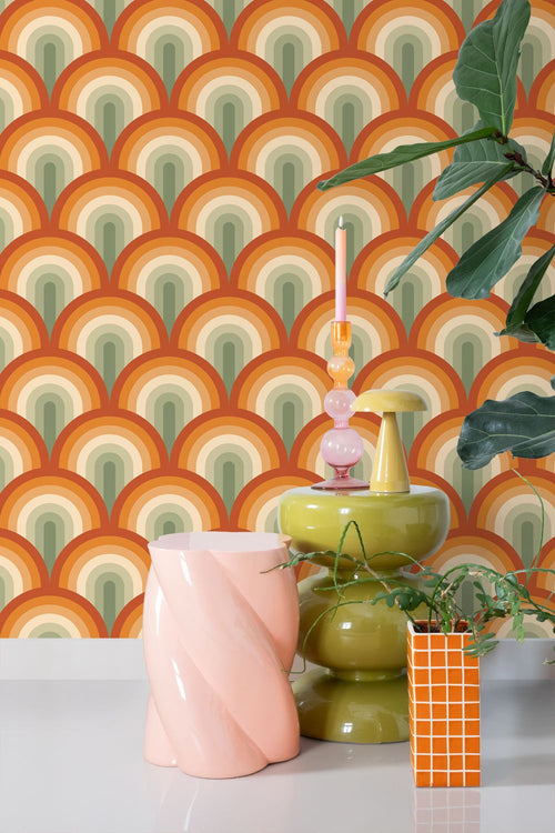 ESTAhome behang art deco bogen groen en oranje - 50 x 900 cm - 131773