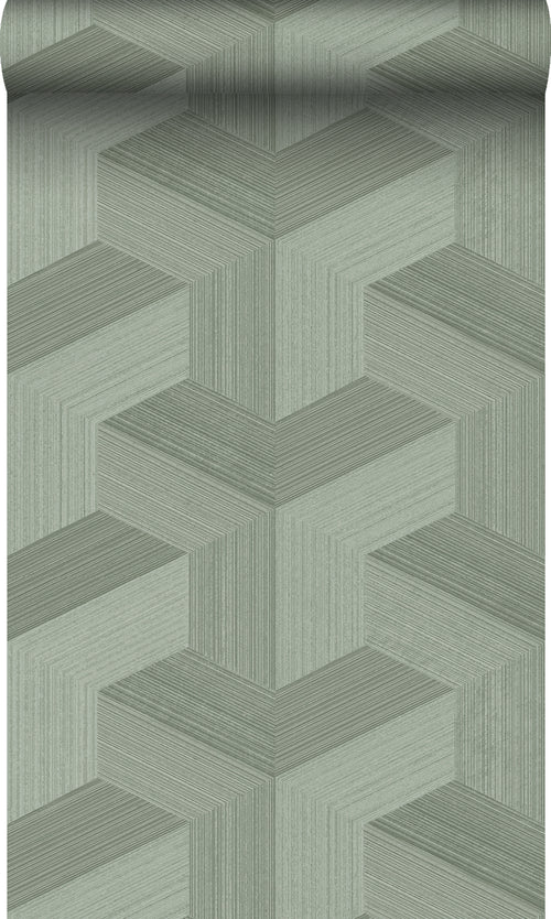 Origin Wallcoverings behang grafisch 3D motief vergrijsd groen - 53 cm x 10.05 m - 347951