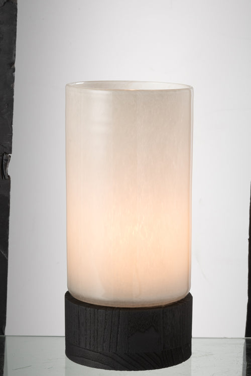 J-Line windlicht/vaas Ray - glas/hout - wit/zwart - medium - 29.5 cm hoog