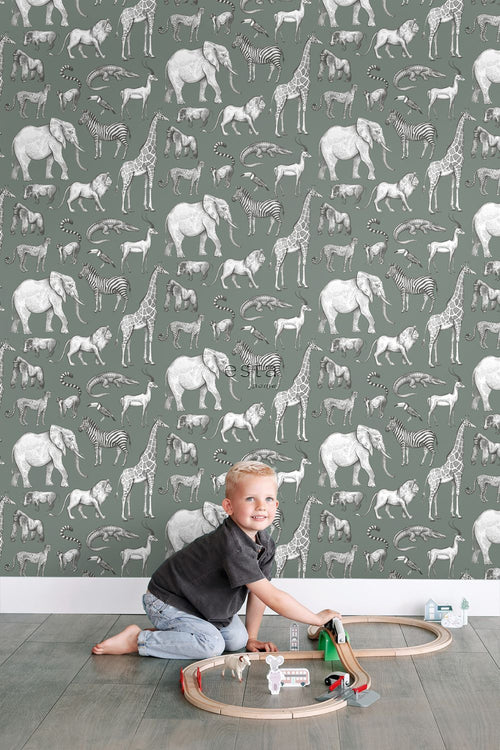 ESTAhome behang jungle dieren vergrijsd groen - 53 cm x 10.05 m - 139513