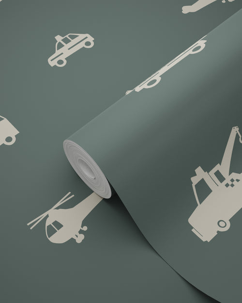ESTAhome behang auto's, brandweerauto's, helikopters en kranen donkergroen - 53 cm x 10.05 m - 131400 - vtwonen shop