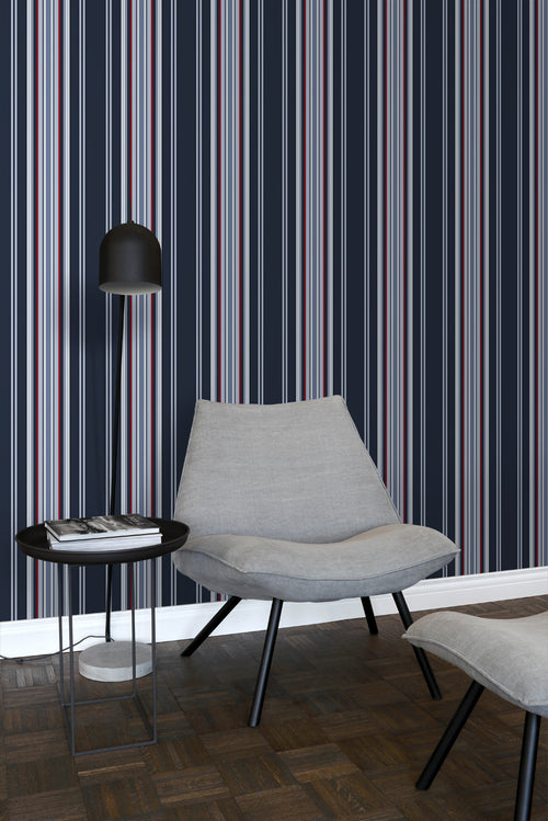 ESTAhome behang strepen marine blauw en rood - 53 cm x 10.05 m - 136419