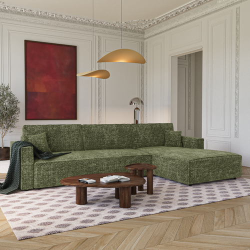 Premium Interiors - Rechthoekige hoekbank met slaapfunctie en opbergruimte  - stof met tweed-effect groen 297cm