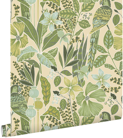 ESTAhome behang tropische bloemen en paradijsvogels vergrijsd groen - 50 x 900 cm - 131157 - vtwonen shop