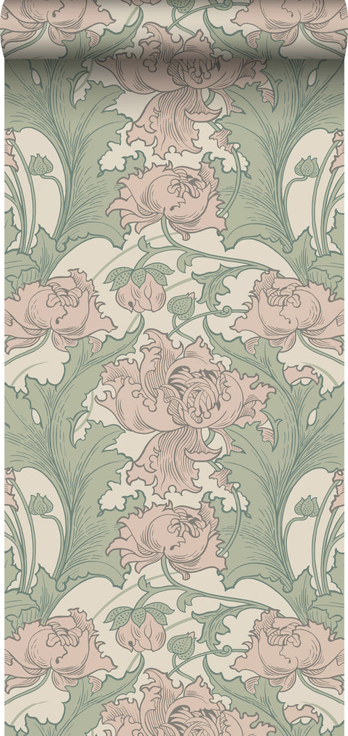 Borastapeter behang bloemen groen en oudroze - 53 cm x 10.05 m - 660077 - vtwonen shop