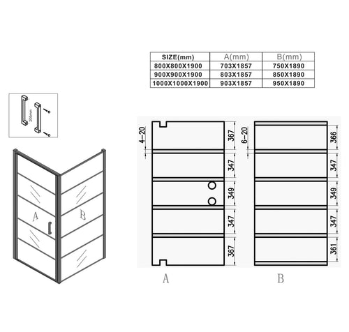 Badplaats Douchecabine Alava 90 x 90 x 190cm – Zwart met strepen – Douchewand met Draaideur