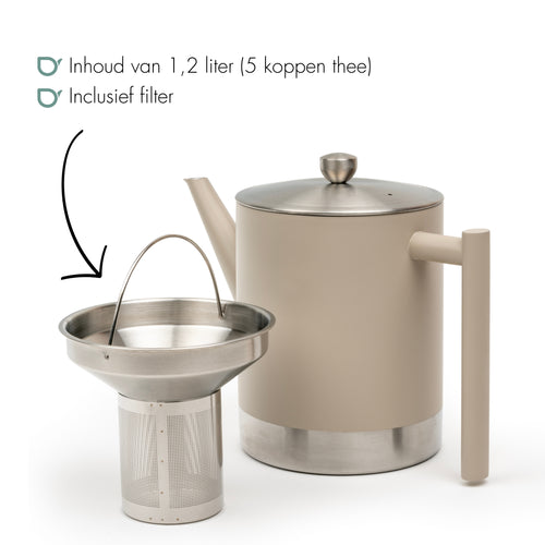 Bredemeijer - Dubbelwandige theepot Minuet Cylindre - 1,2 liter - Taupe - Met filter - vtwonen shop