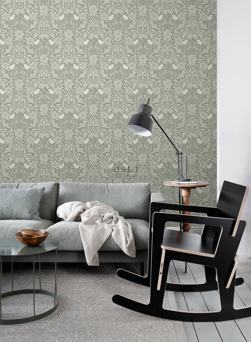ESTAhome behang bloemen en vogels in art nouveau stijl vergrijsd groen - 53 cm x 10.05 m - 139293